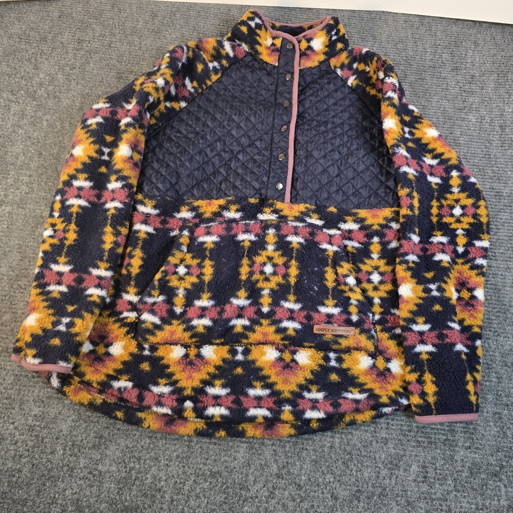 Simply Southern Pullover Womens‎ XL Navy Aztec Sherpa Fleece Quilted Snap